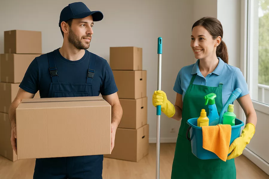 Flyttfirma och städfirma samarbetar under flyttdag med kartonger och städutrustning